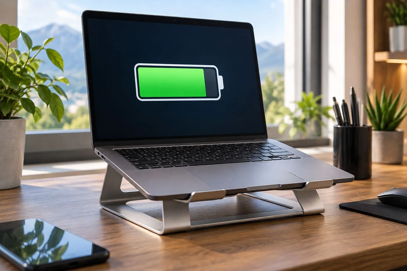 Ordinateur portable posé sur un support ventilé avec l'indicateur de batterie affiché à l'écran