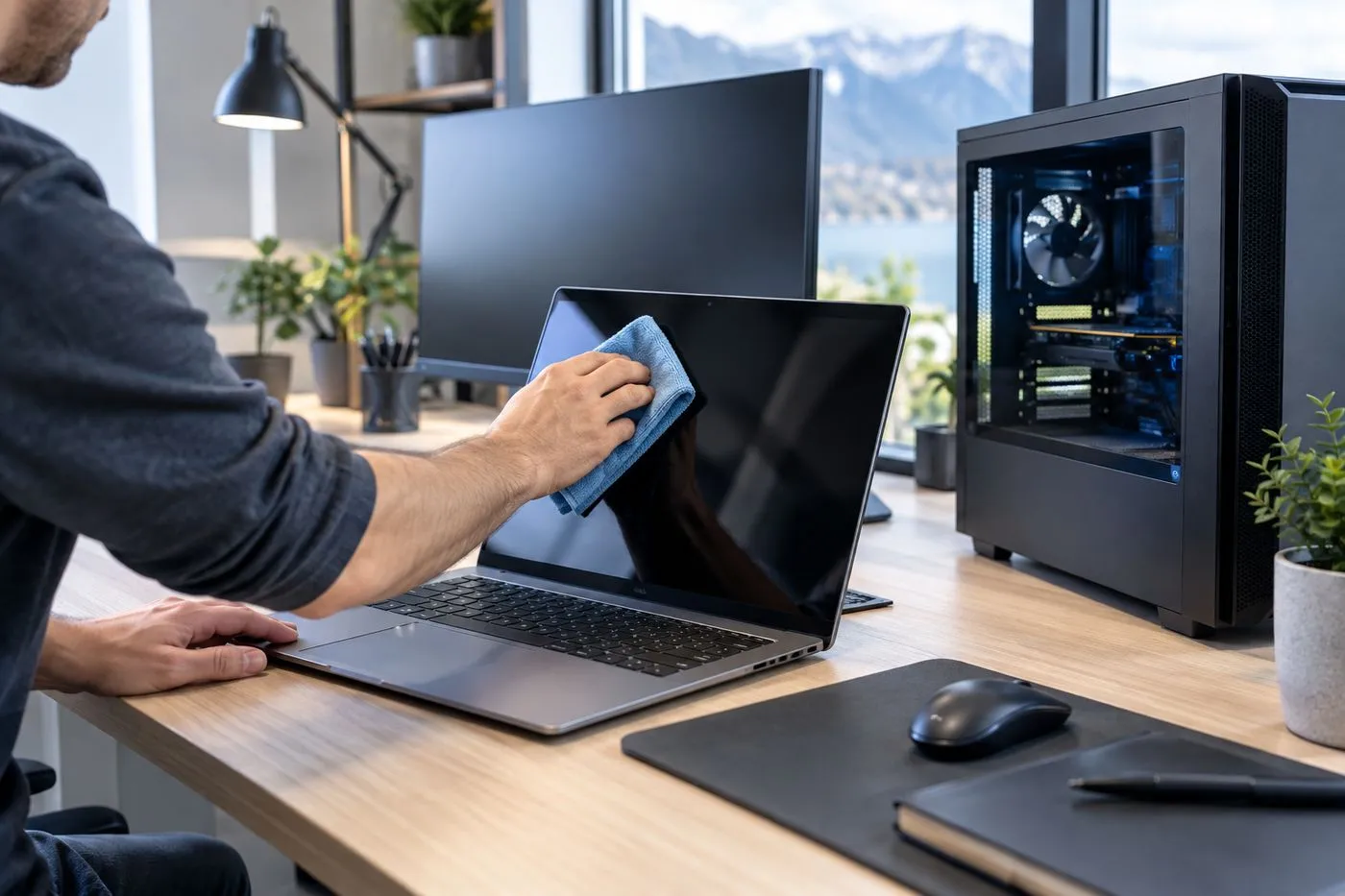 Personne nettoyant un ordinateur portable et un PC de bureau sur un bureau rangé