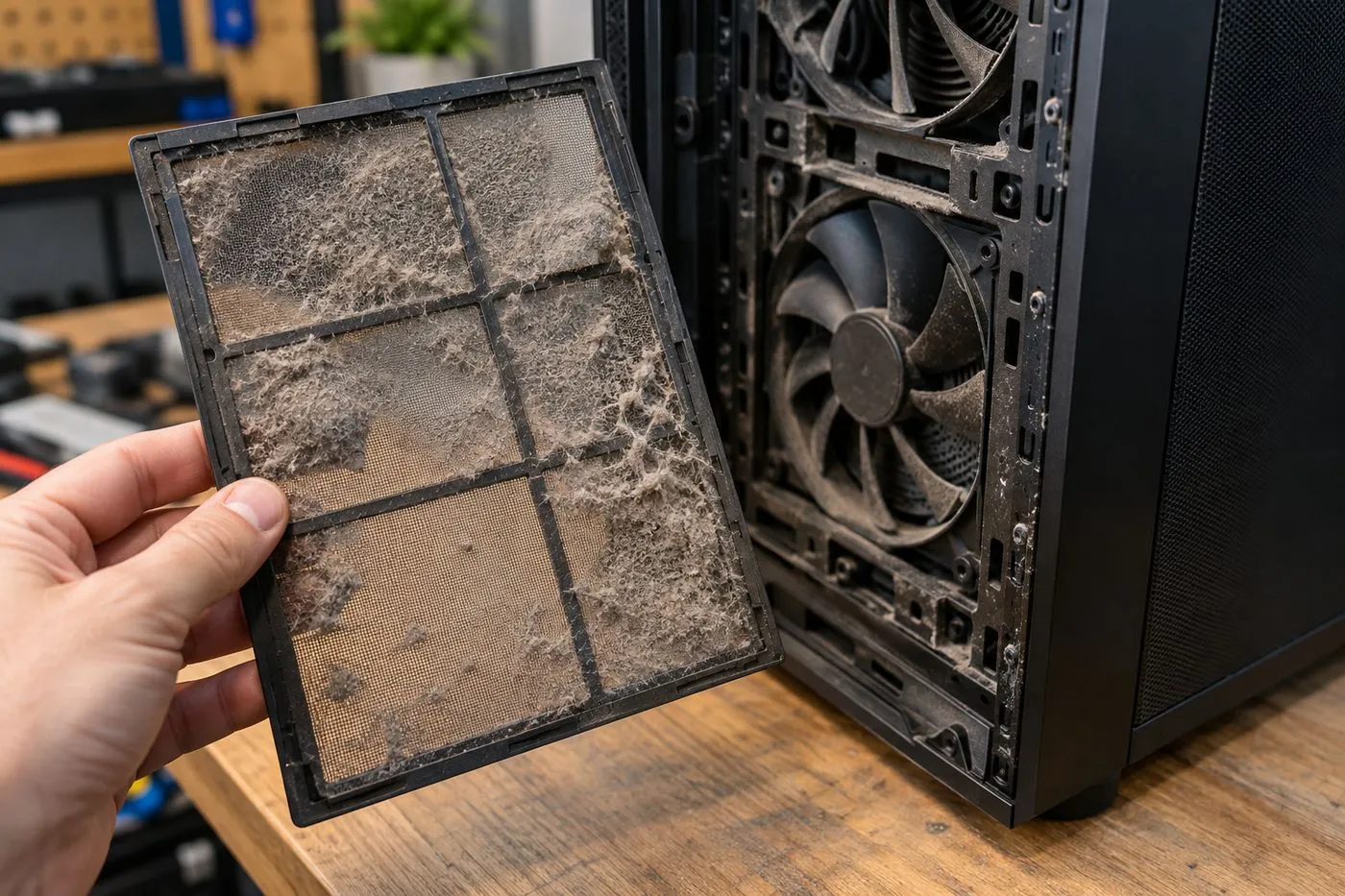 Filtre anti-poussière retiré de la façade d'un boîtier de PC gamer et chargé de poussière