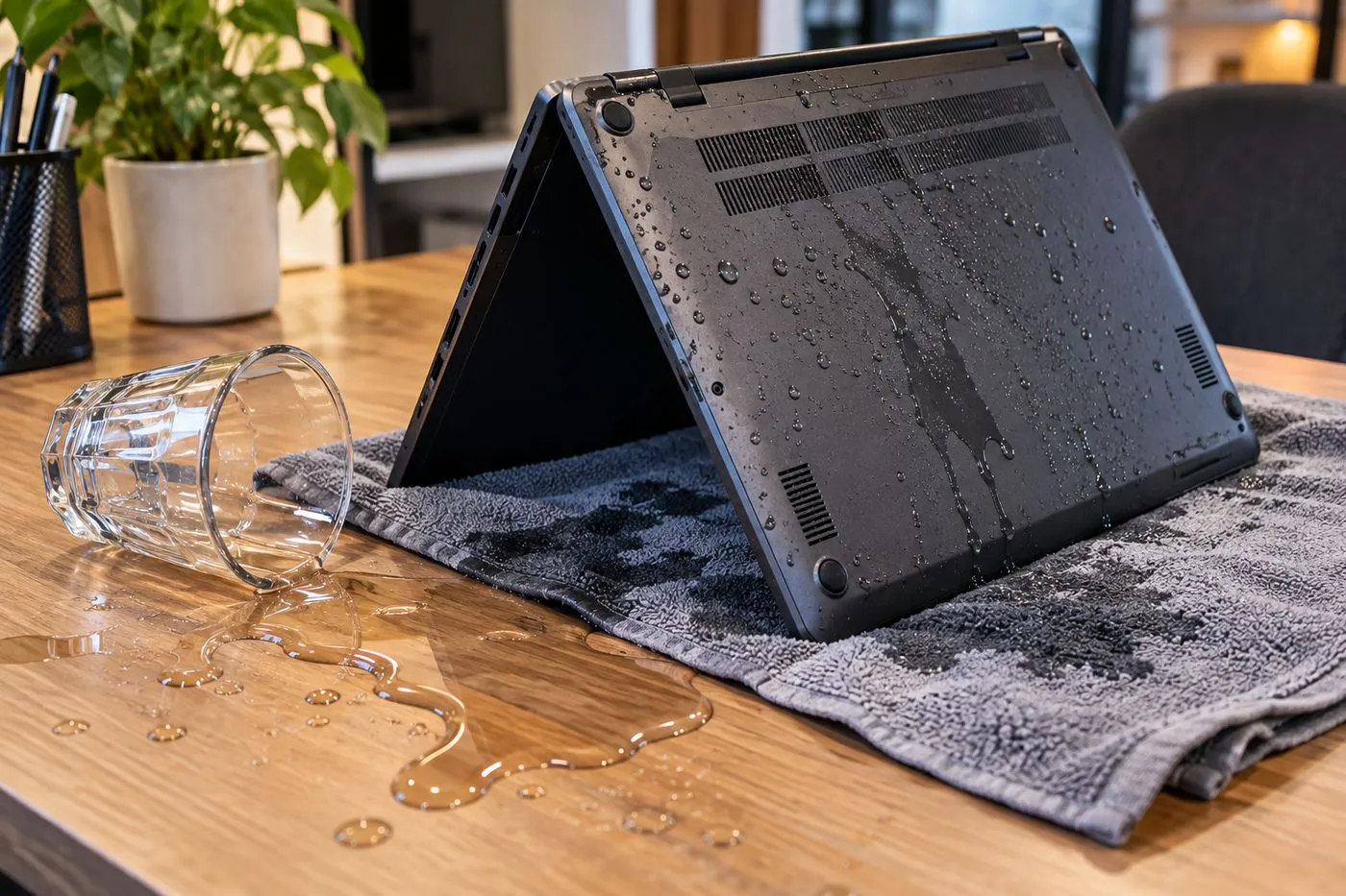 Ordinateur portable retourné en V sur un bureau pour laisser s'écouler un liquide renversé