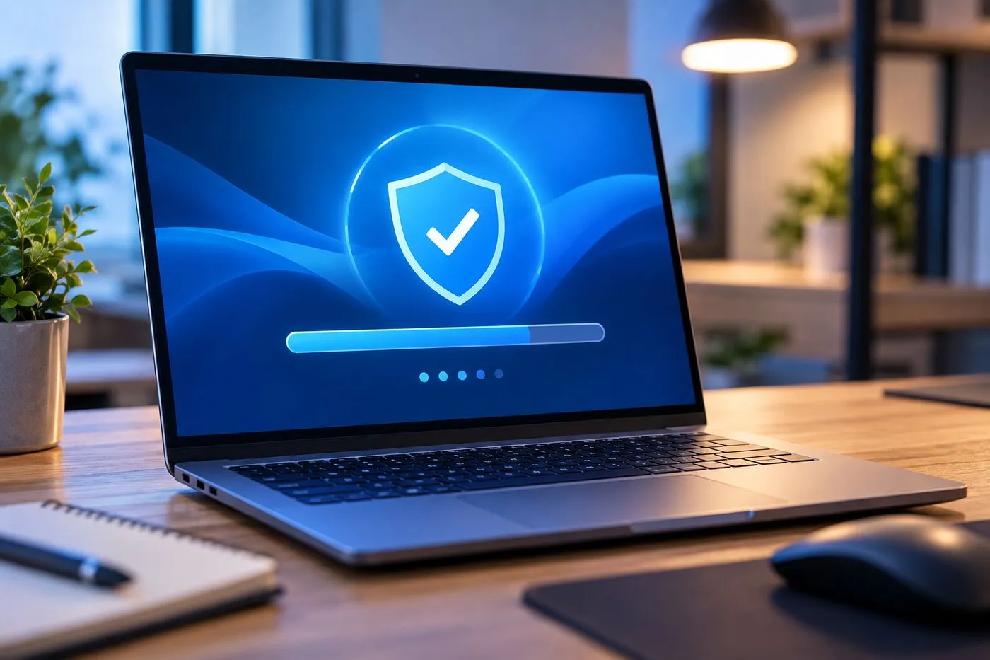 Ordinateur portable affichant l'installation d'une mise à jour du système et un bouclier de protection antivirus