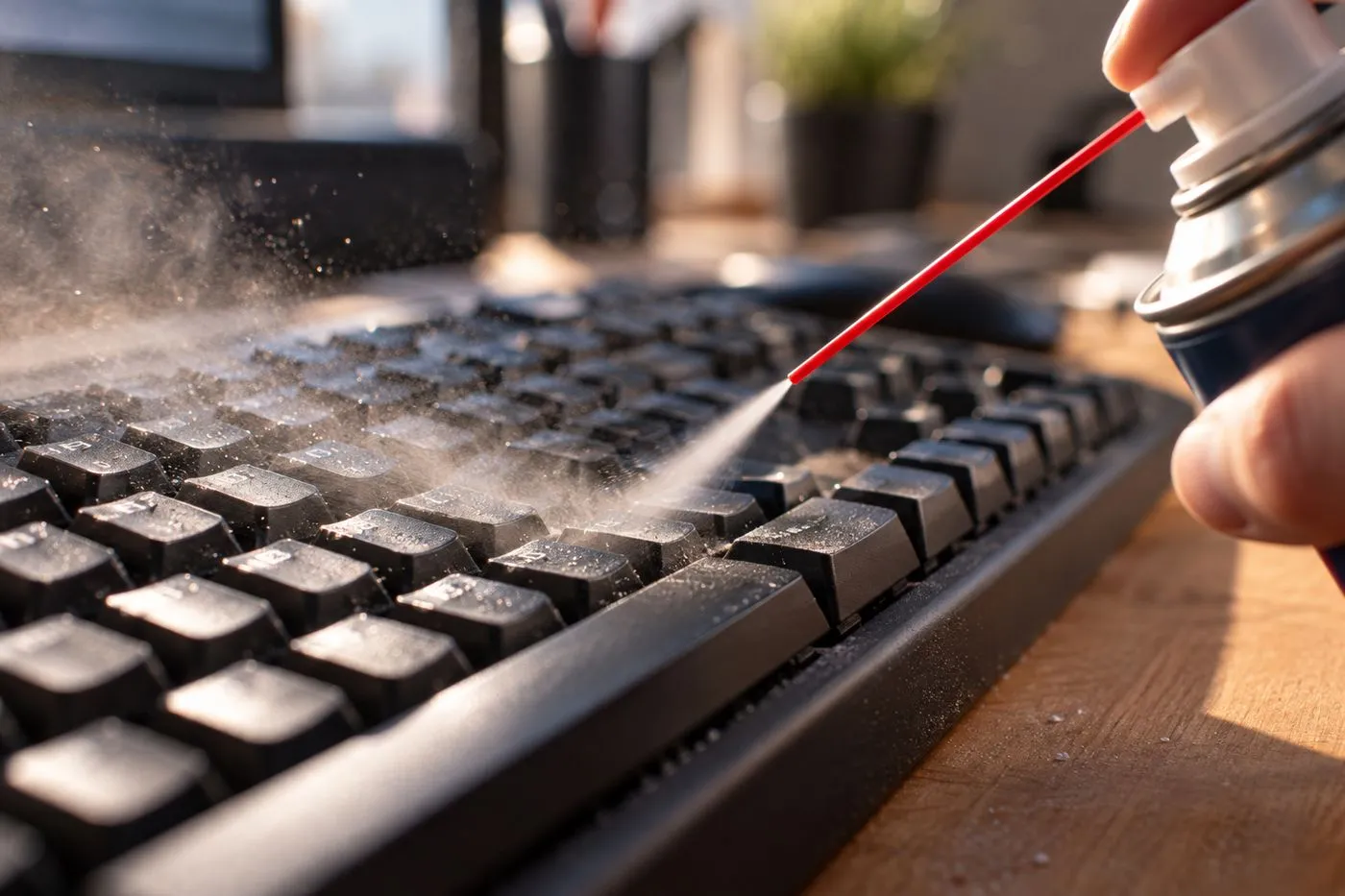 Nettoyage d'un clavier d'ordinateur à la bombe d'air comprimé entre les touches