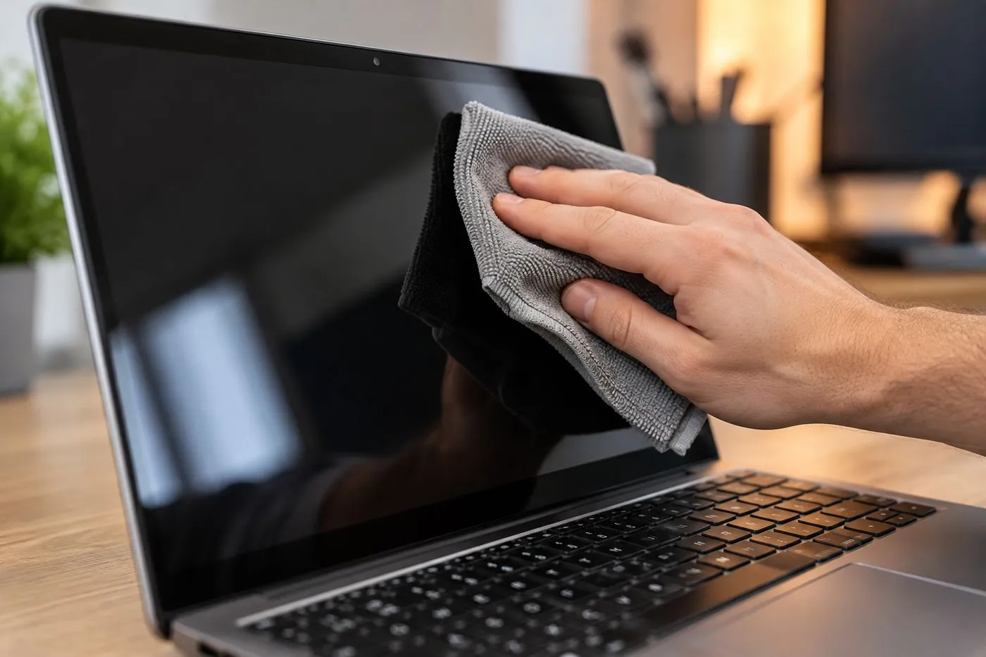 Main essuyant l'écran éteint d'un ordinateur portable avec un chiffon microfibre