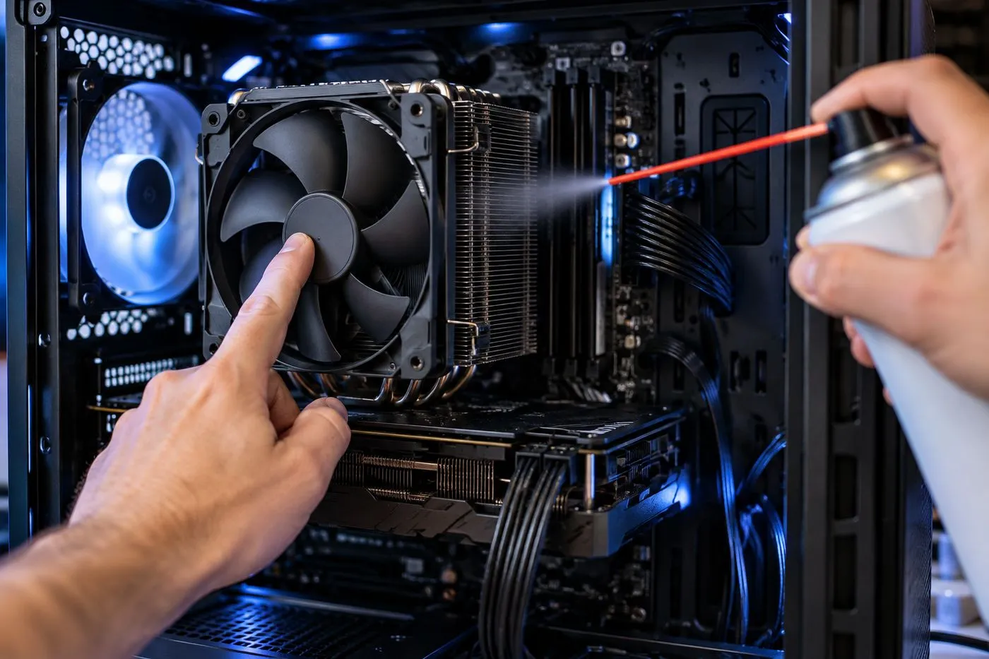 Dépoussiérage d'un PC gamer ouvert à l'air comprimé en bloquant le ventilateur avec un doigt