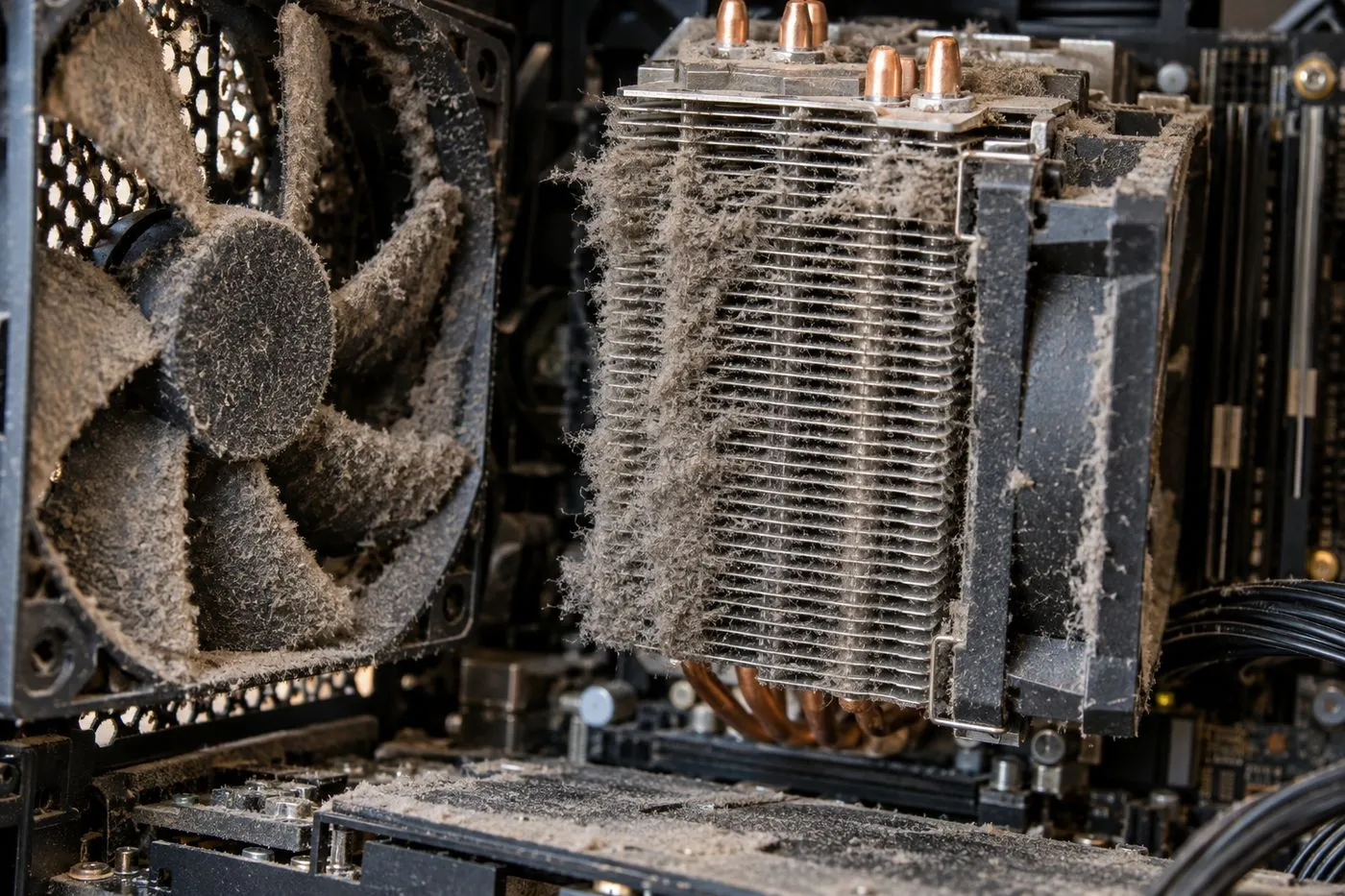 Poussière accumulée sur le ventilateur et le radiateur à l'intérieur d'un PC de bureau