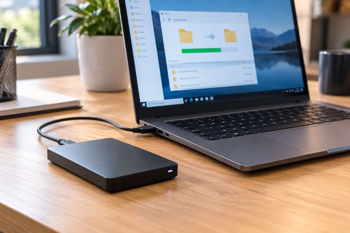 Disque dur externe branché à un ordinateur portable pendant une sauvegarde de fichiers