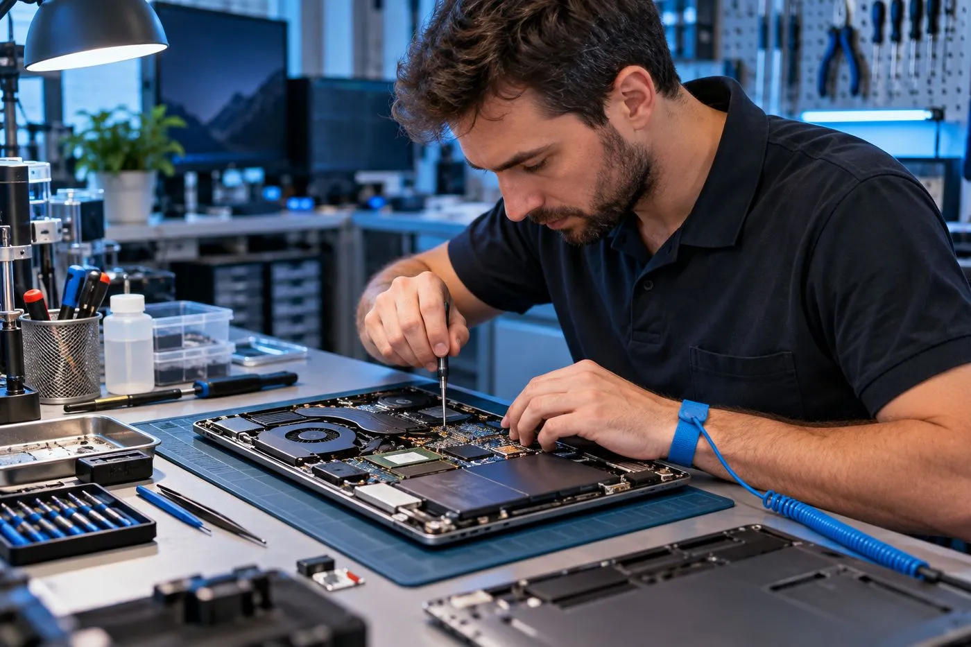 Technicien informatique réalisant le diagnostic et l'entretien d'un ordinateur portable ouvert sur un établi