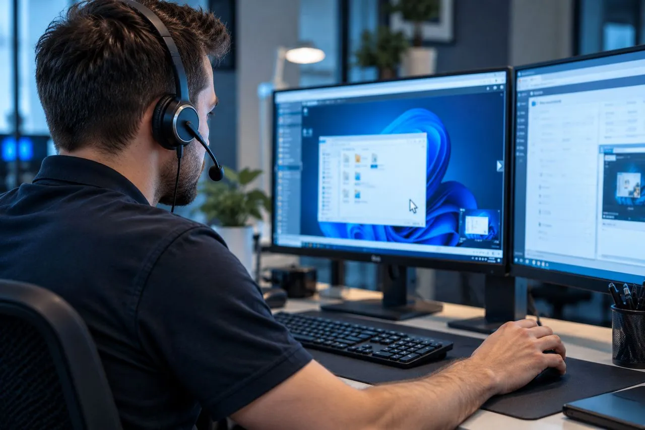 Technicien prenant la main à distance sur l'ordinateur d'un client pour le dépanner