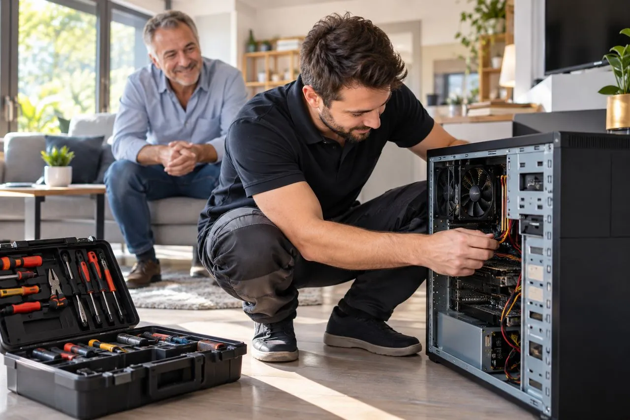 Technicien informatique dépannant un ordinateur de bureau au domicile d'un client
