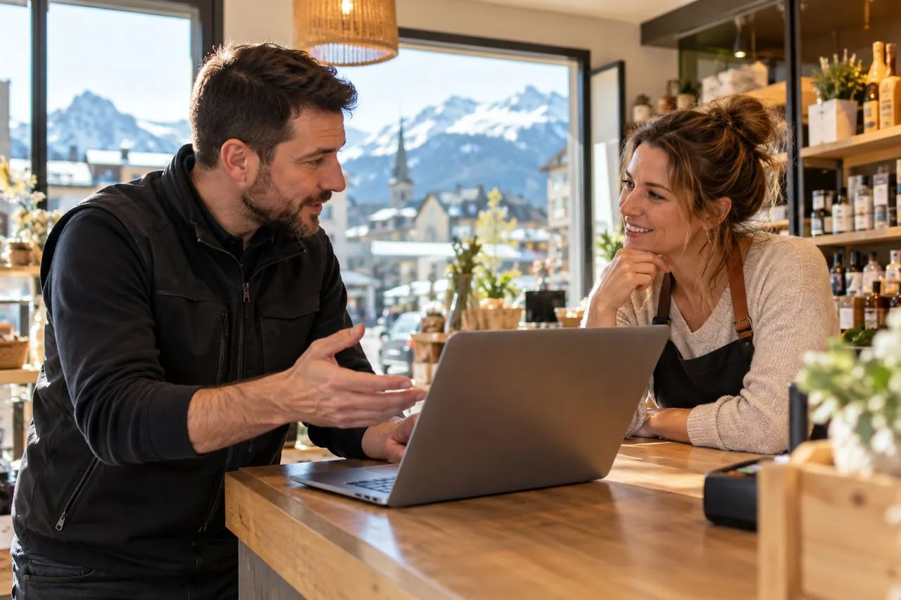 Technicien de notre entreprise informatique conseillant un client dans un commerce en Haute-Savoie