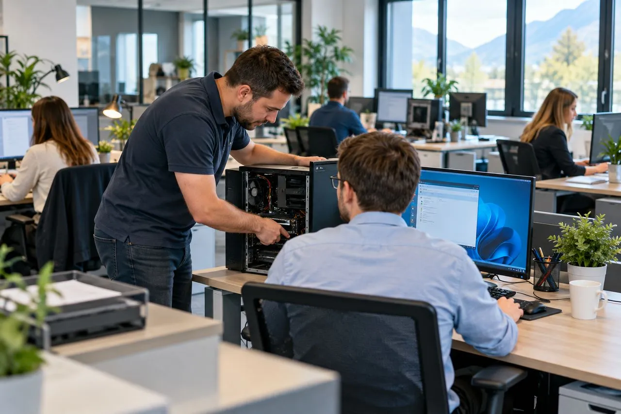 Maintenance du parc informatique d'une PME : postes de travail contrôlés et mis à jour dans un bureau